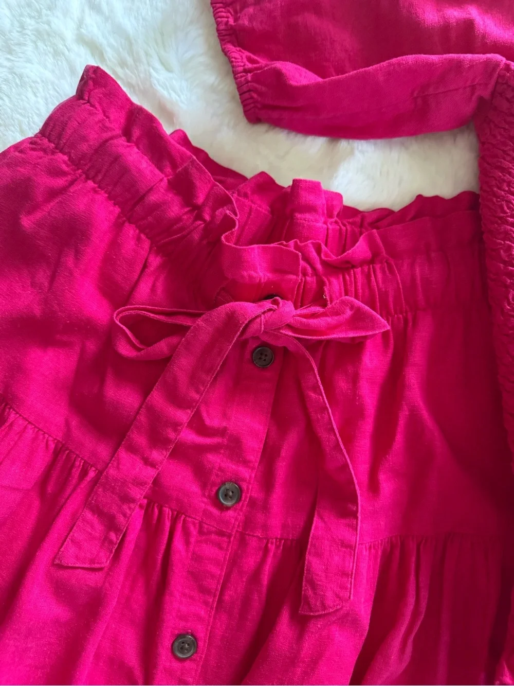 Linen Blend Off-Shoulder Smocked Crop & Midi Skirt Set in Fuchsia Pink